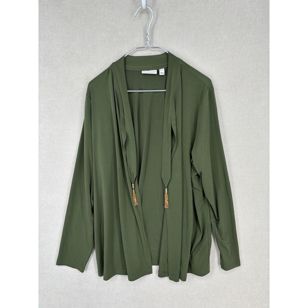 Susan Graver Jacket Green XL Open Cardigan Beaded Tassels Artsy Party